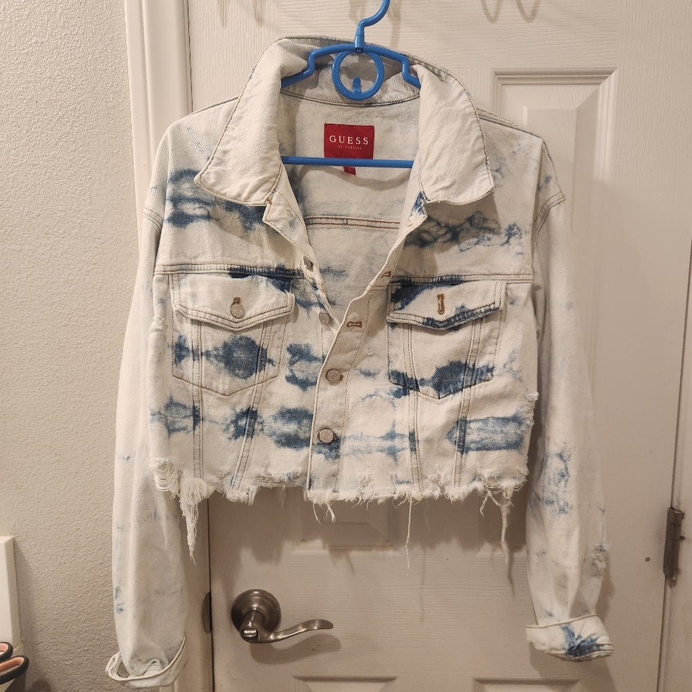 Guess Cropped Distressed Tie-Dye Denim Jacket - sz XL